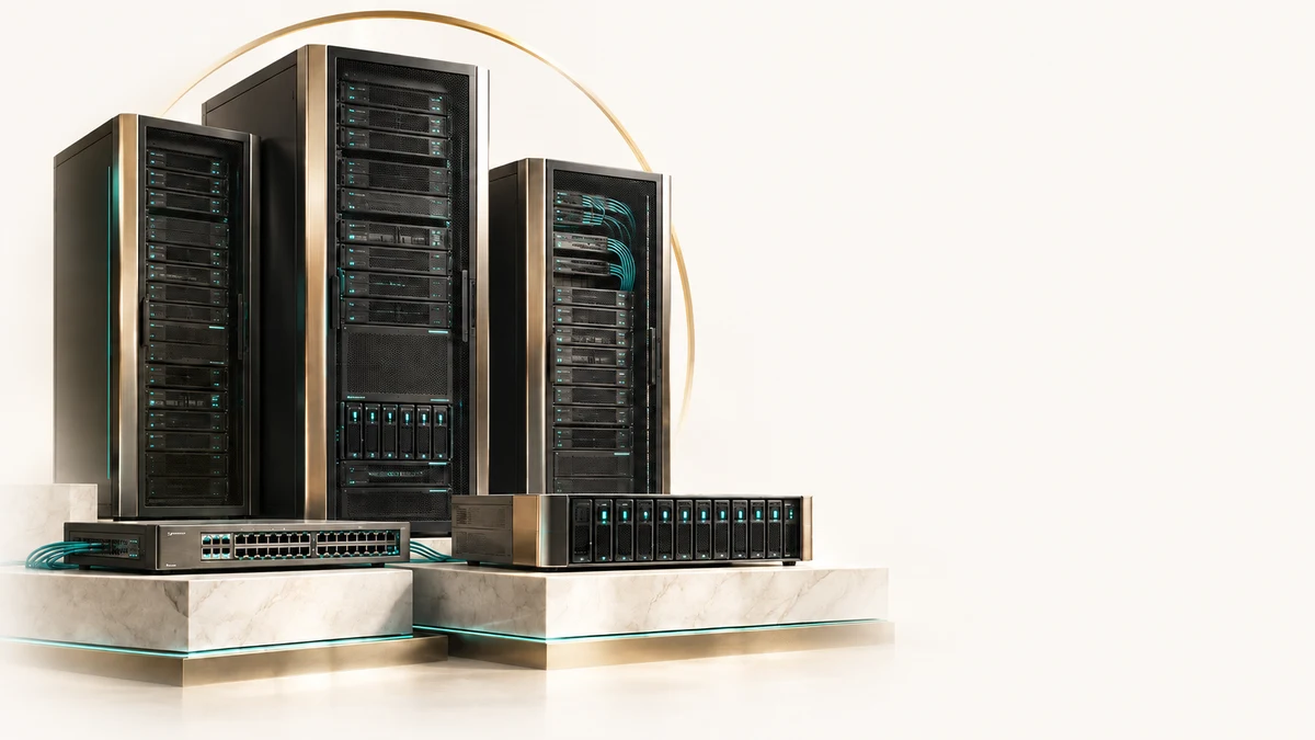 Integrated infrastructure: server racks, network switches and storage units cabled together in a single environment.