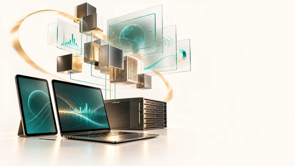 Digital transformation: physical equipment connecting through software surfaces to an abstracted cloud service layer.